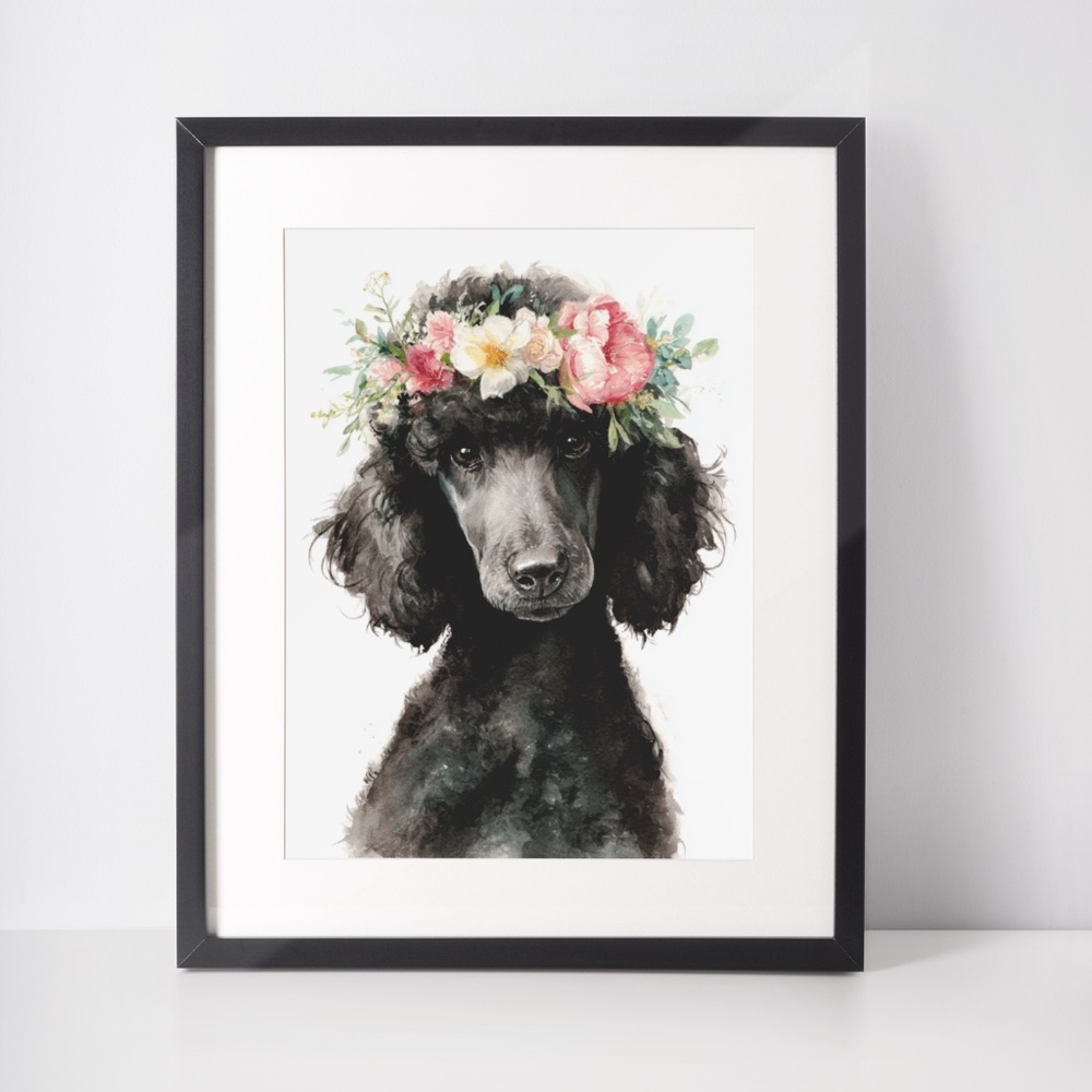 Watercolor Black Poodle with Flowers Crown Portrait Wall Art Print - Unframed - Picture 3 of 6